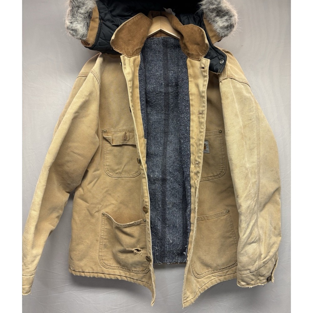 Carhartt Jacket Wool Blanket Lined Fur Hood Detachable Vintage Tan Button MEDIUM